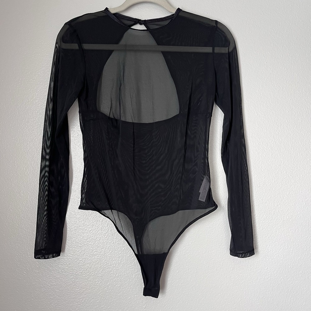Auden-Women's Black Mesh Sheet Long Sleeve Medium One Piece Thong Bodysuit